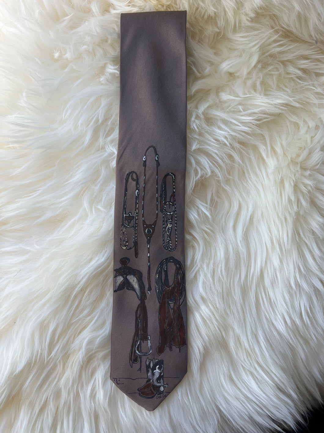 Adult Tie- 100% Silk, wool lined, Hand Painted. Tack Room on Taupe.