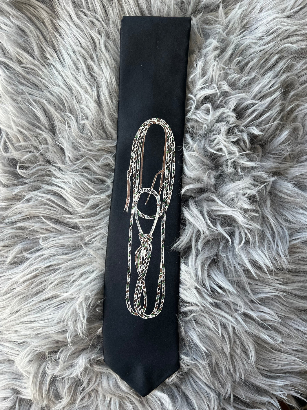 Adult Tie- 100% Silk, wool lined, Hand Painted. Hackamore on Black.