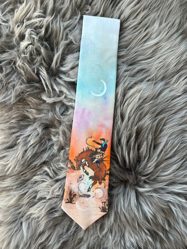 Adult Tie- 100% Silk, wool lined, Hand Painted. Bronc Sunset.