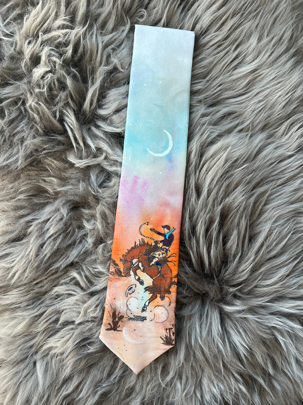 Adult Tie- 100% Silk, wool lined, Hand Painted. Bronc Sunset.