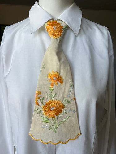 Peewee Tie- Hand Embroidered Marigolds
