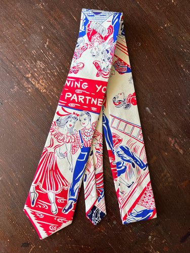 Adult Tie- 100% Cotton. Square Dancers in Red and Blue.