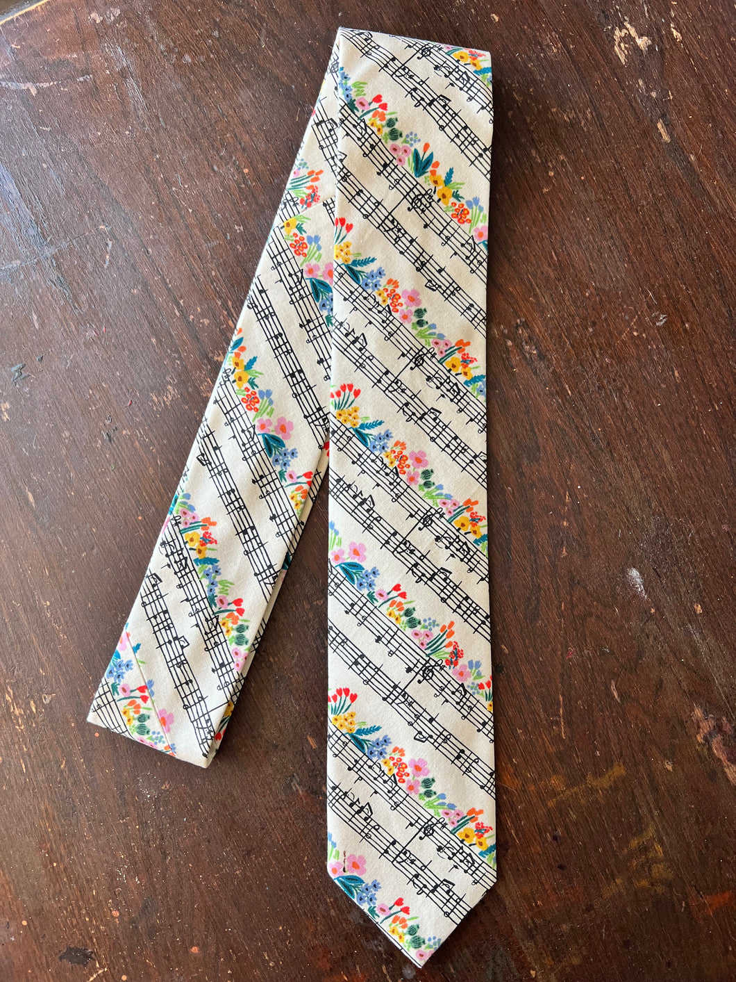 Adult Tie- 100% Cotton. Music Notes and Wildflowers.
