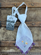 Peewee Tie- Hand Embroidered Daffodil with Purple Tatting
