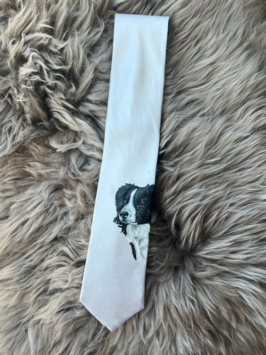 Adult Tie- 100% Silk, wool lined, Hand Painted. Cream Border Collie.