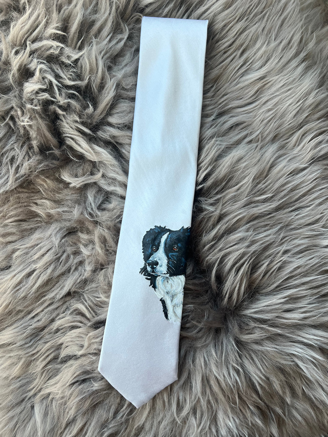 Adult Tie- 100% Silk, wool lined, Hand Painted. Cream Border Collie.