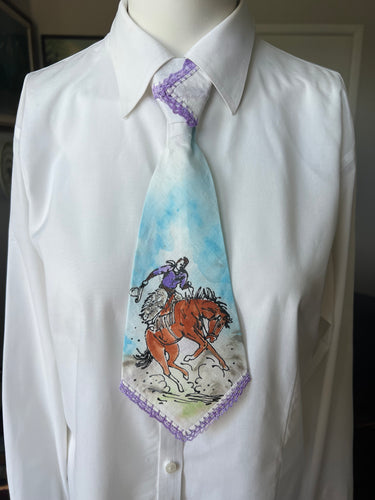 Peewee Tie- Handpainted Bronc with Purple Tatting