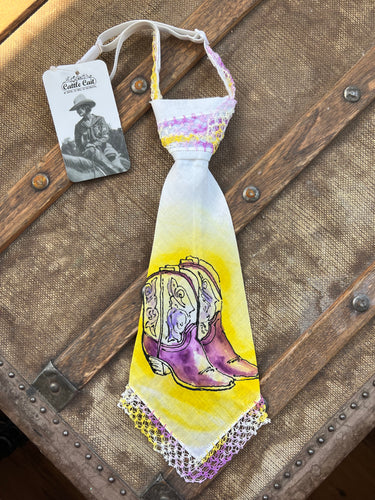 Peewee Tie- Handpainted Yellow and Purple Boots with Lace Edge