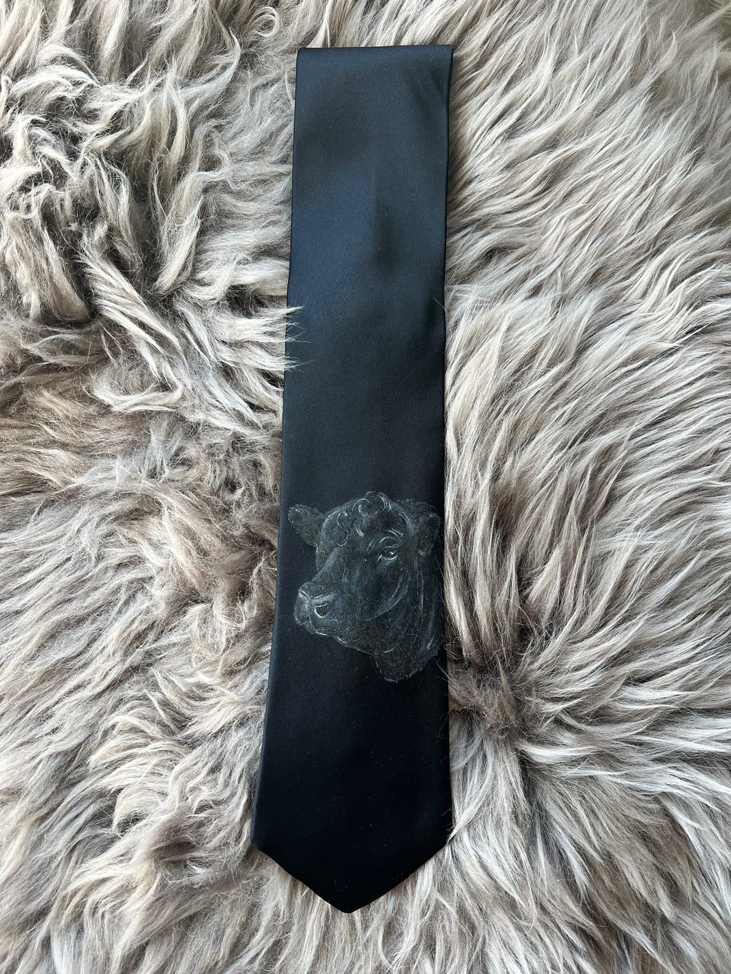 Adult Tie- 100% Silk, wool lined, Hand Painted. Black Angus Bull on Black.