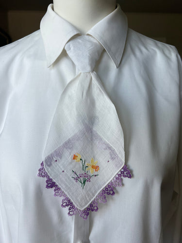 Peewee Tie- Hand Embroidered Daffodil with Purple Tatting