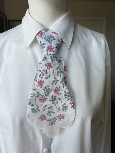 Peewee Tie- Pink and Blue Small Flowers with Scalloped Edge