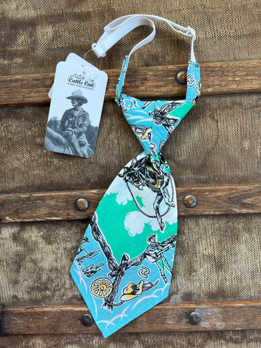 Peewee Tie- Vintage Blue/Green Cowboy Bandana