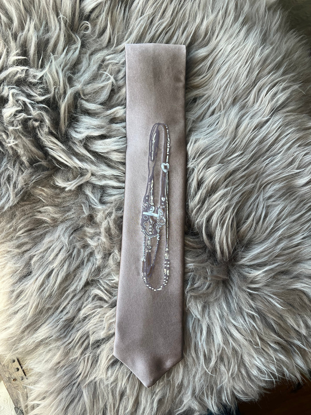 Adult Tie- 100% Silk, wool lined, Hand Painted. Full Bridle on Taupe.