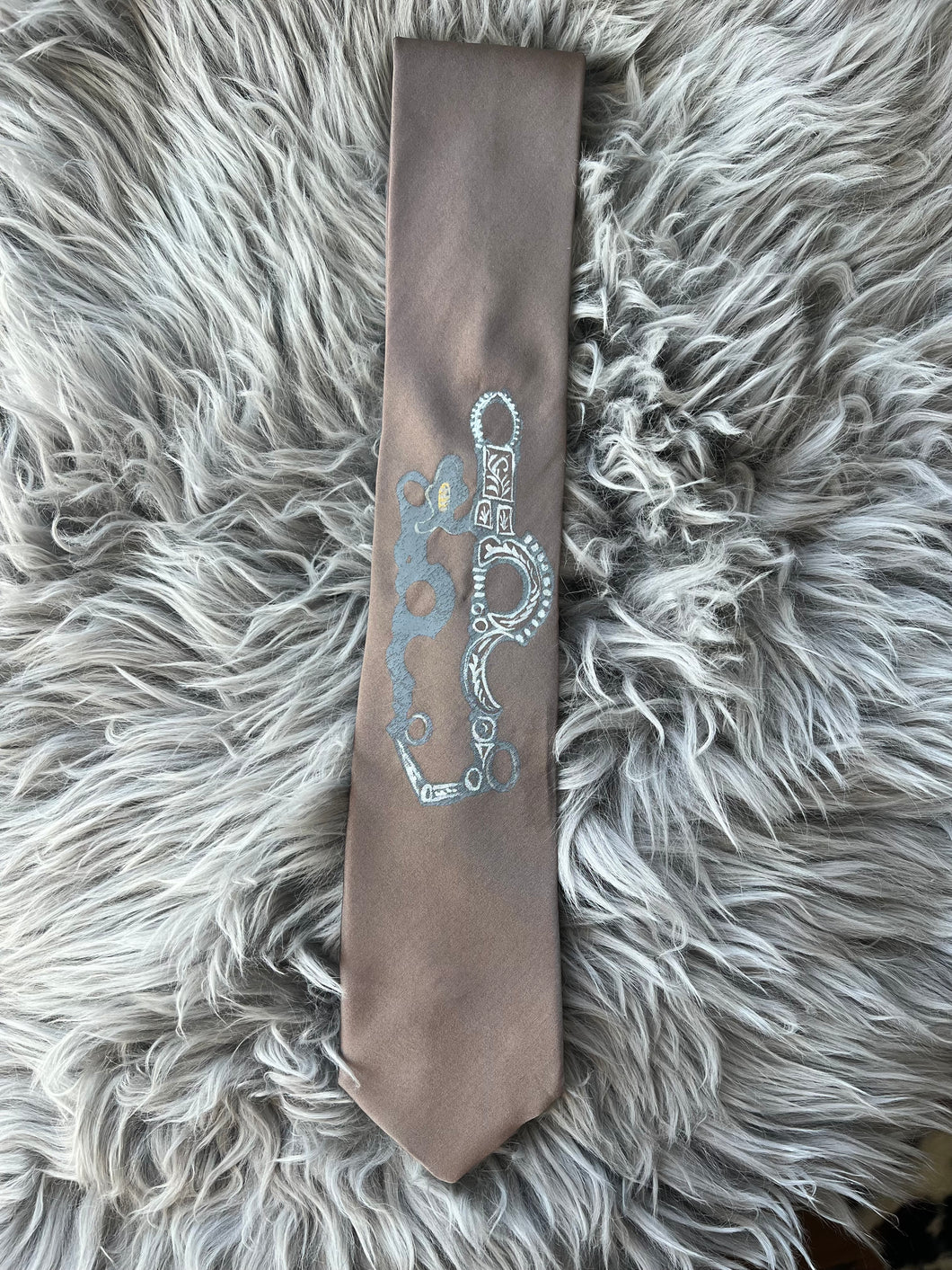 Adult Tie- 100% Silk, wool lined, Hand Painted. Spade Bit on Taupe.