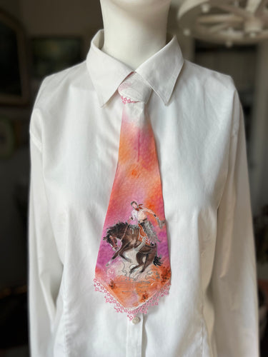 Peewee Tie- Handpainted Bronc with Pink Tatting