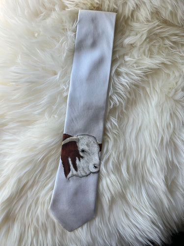 Adult Tie- 100% Silk, wool lined, Hand Painted. Hereford Bull on Cream.