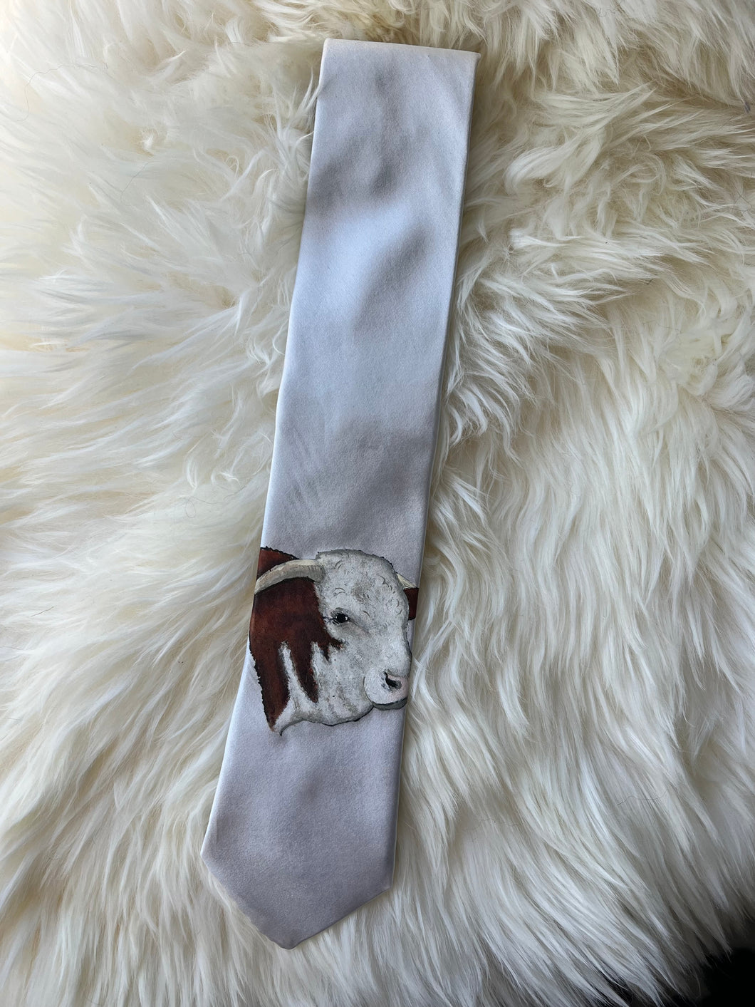 Adult Tie- 100% Silk, wool lined, Hand Painted. Hereford Bull on Cream.