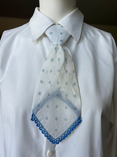 Peewee Tie- White and Blue Polka Dot with Tatting