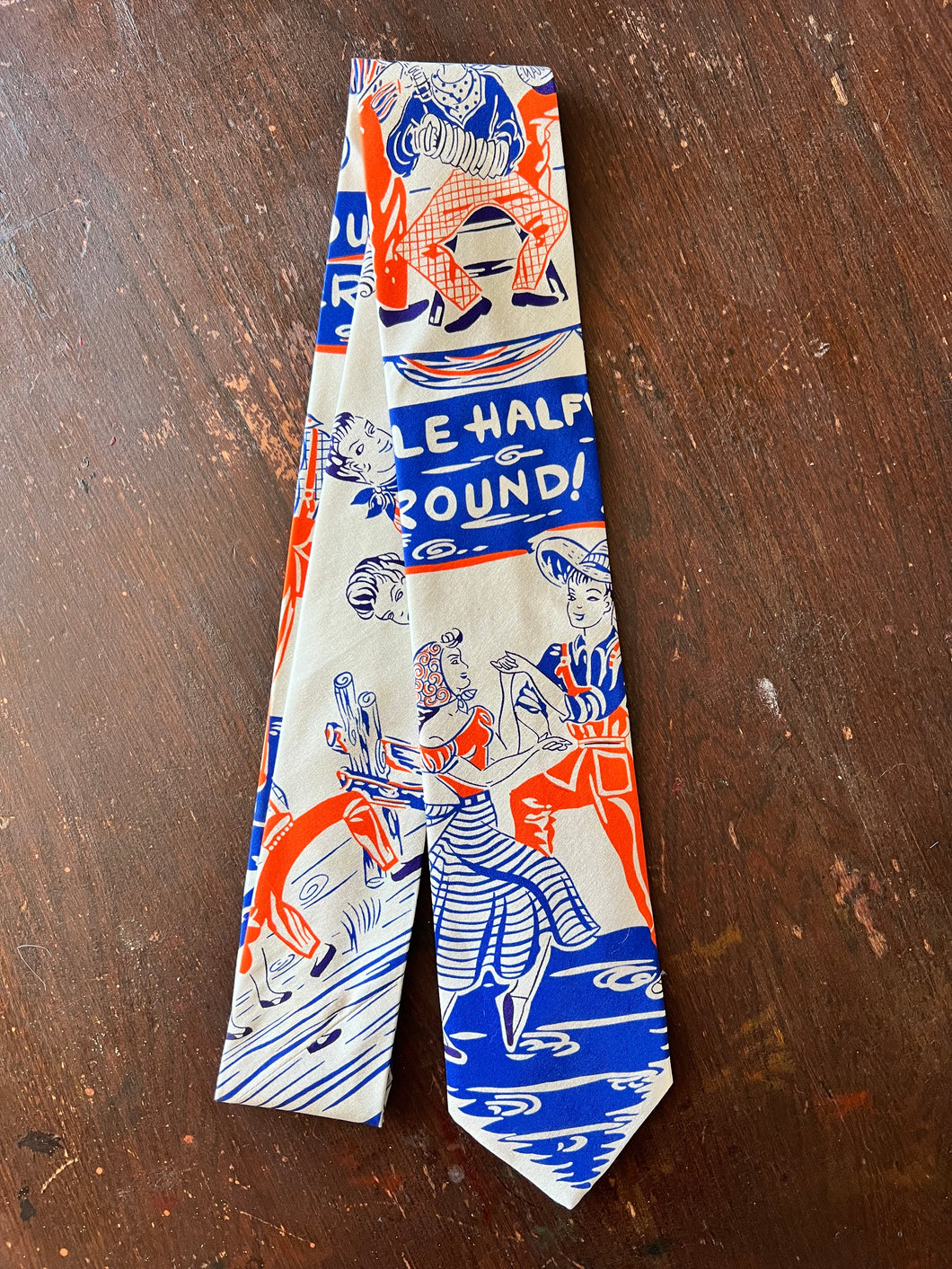 Adult Tie- 100% Cotton. Square Dancers Orange and Blue.