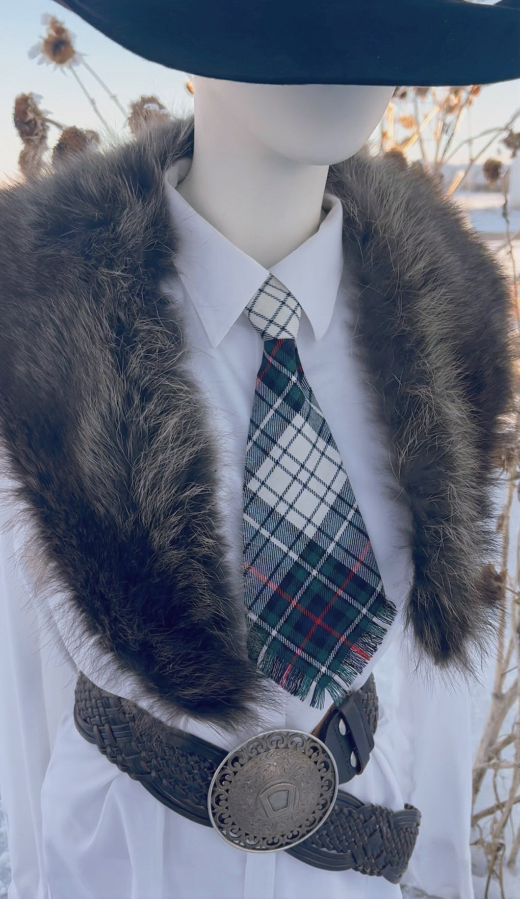 Peewee Tie- White/Navy/Green Wool Tartan