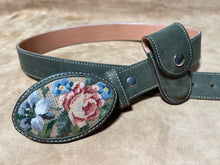 Green Suede Flower Garden Petit Point Belt, Buckle & Knife Case Set