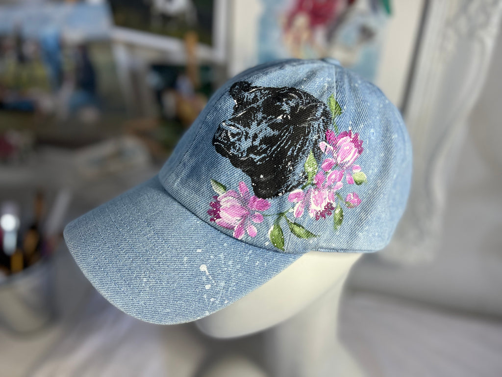 Hand Painted Baseball Caps Light Denim Black Angus Bull with Pink Ros