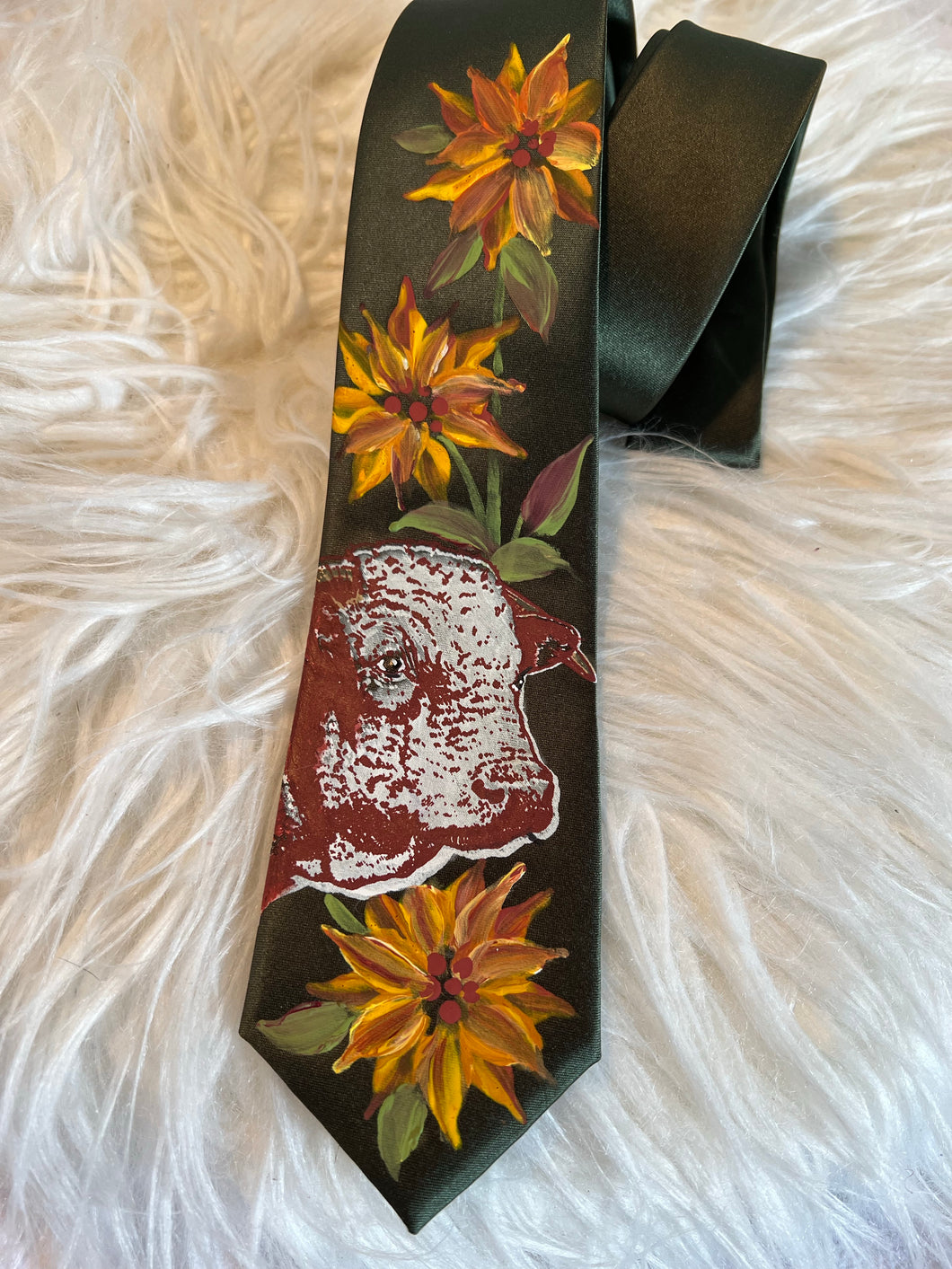 Adult Tie- Dark Green Hereford Bull with Sunflowers