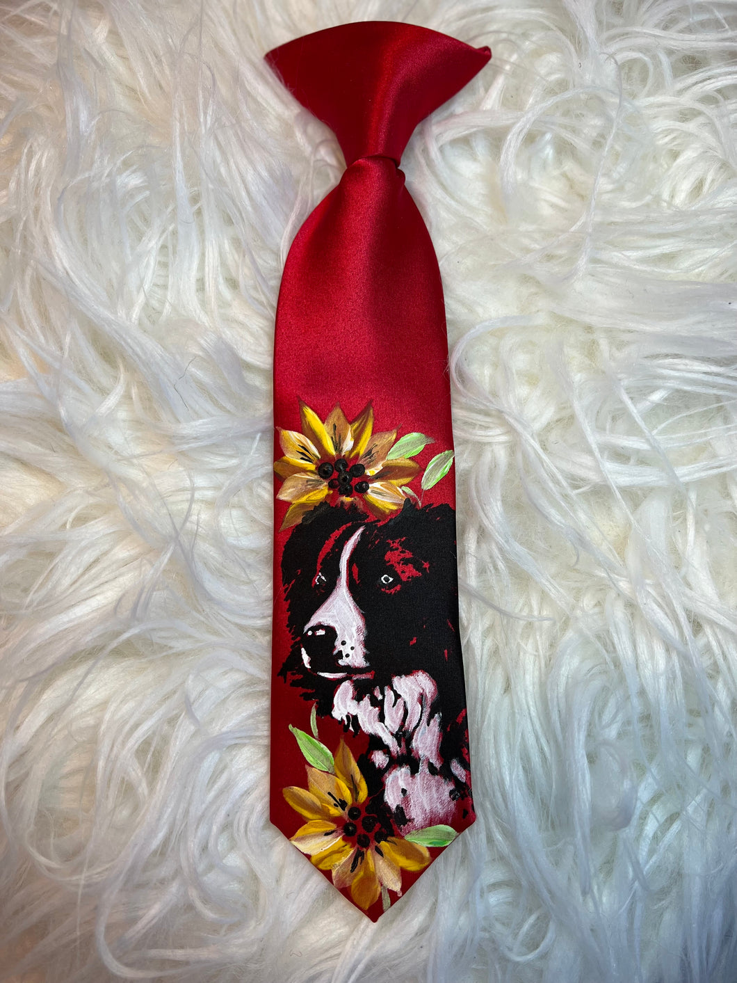 Kids Tie- Red Border Collie with Sunflowers