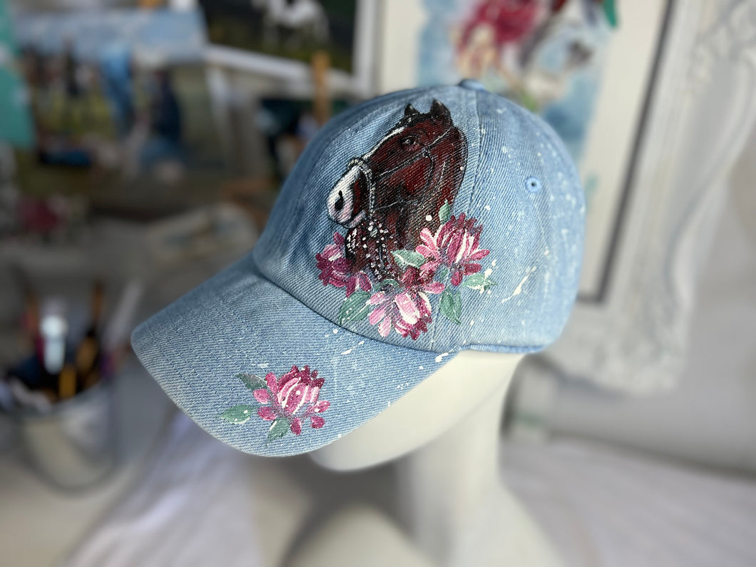 Hand Painted Baseball Caps- Light Denim 'Lucy' with Pink Roses