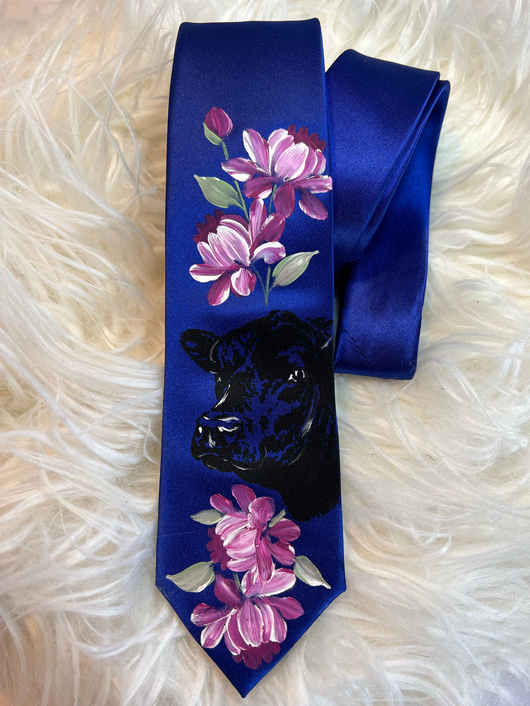 Adult Tie- Royal Blue Black Angus Bull with Roses