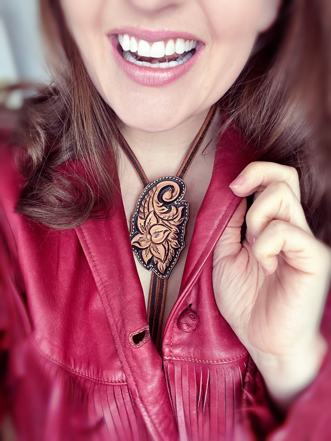 Carved Leather Bolo Tie Necklaces