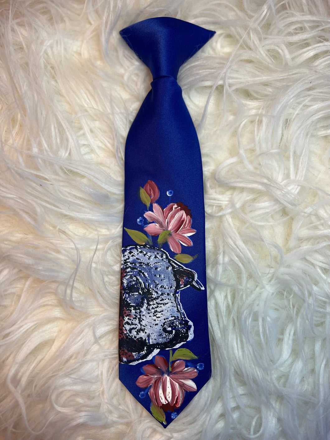 Kids Tie- Royal Blue Hereford Bull with Roses