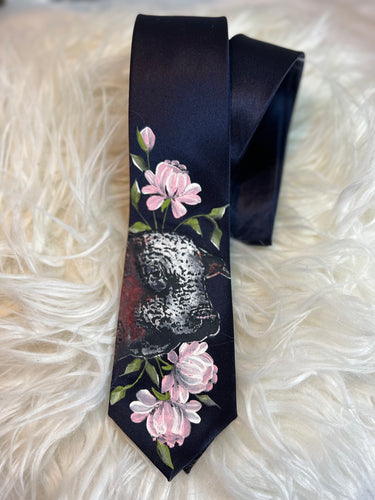 Adult Tie- Navy Hereford Bull with Pink Roses